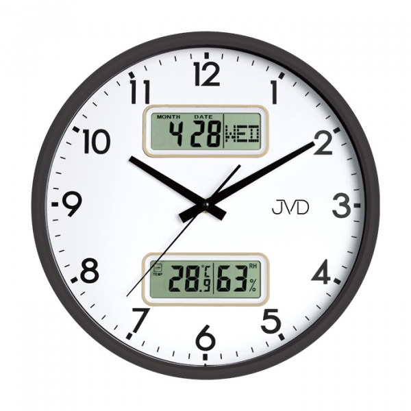 Nástěnné hodiny Q JVD černé, datum, teplota DH239.2